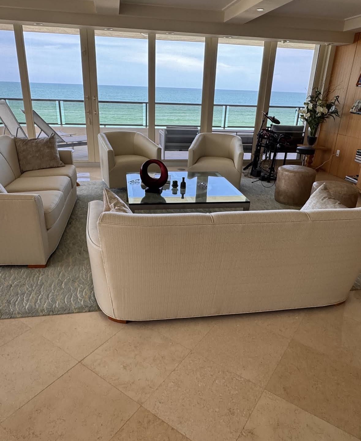 Reupholstered living room set overlooking the Gulf of Mexico