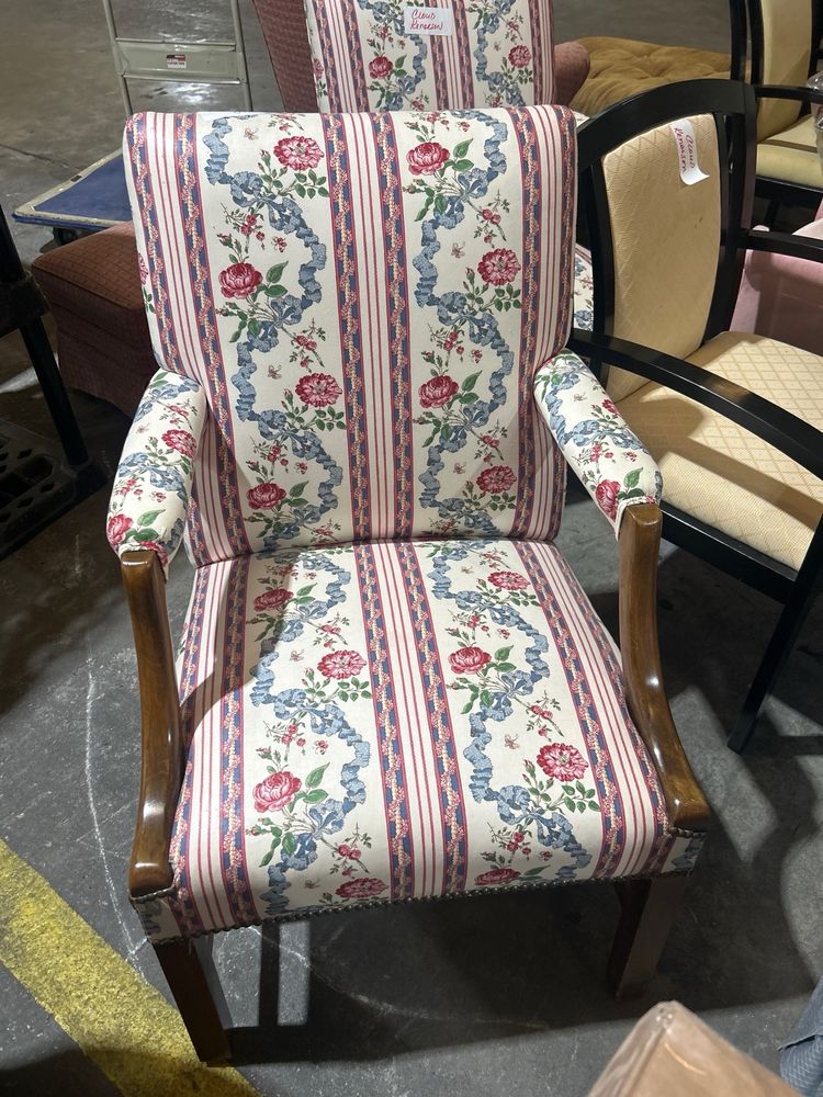 Traditional armchair reupholstered in rose and ribbon stripe fabric
