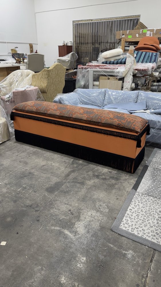 Vintage bench reupholstered in burnt orange with bullion fringe