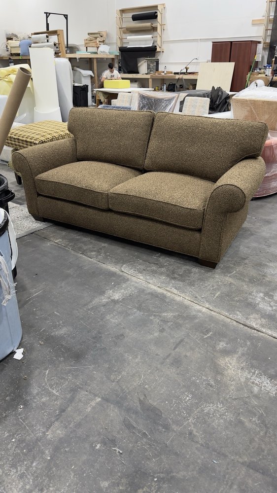 Reupholstered tweed loveseat fresh from the Sarasota workshop